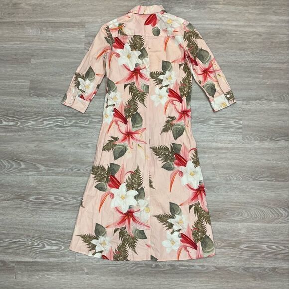 Zara Pastel Pink Tropical Floral Print Shirt dress Midi length - Picture 2 of 7